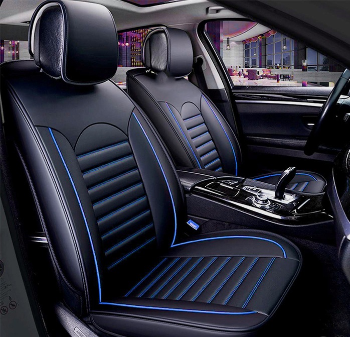 Комплект кожени универсални калъфи за седалки 2бр/к-т - Черно със синьо