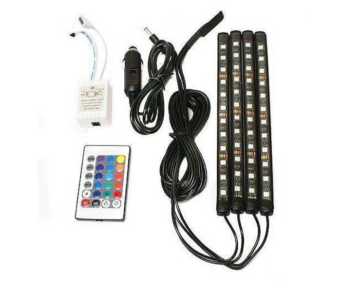 ИНТЕРИОРНО 12LED ОСВЕТЛЕНИЕ ЗА АВТОМОБИЛ 4 БР. ДИОДНИ ЛЕНТИ, ДИСТАНЦИОННО