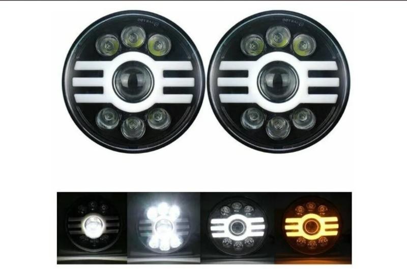 Комплект от 2бр. универсален 7" инча 18см ЛЕД LED фар лампа халоген 12V-24V къси/дълги с DRL дневни светлини мигач бяло-жълто 5000lm за АТВ джип мотоциклет камион трактор и др.